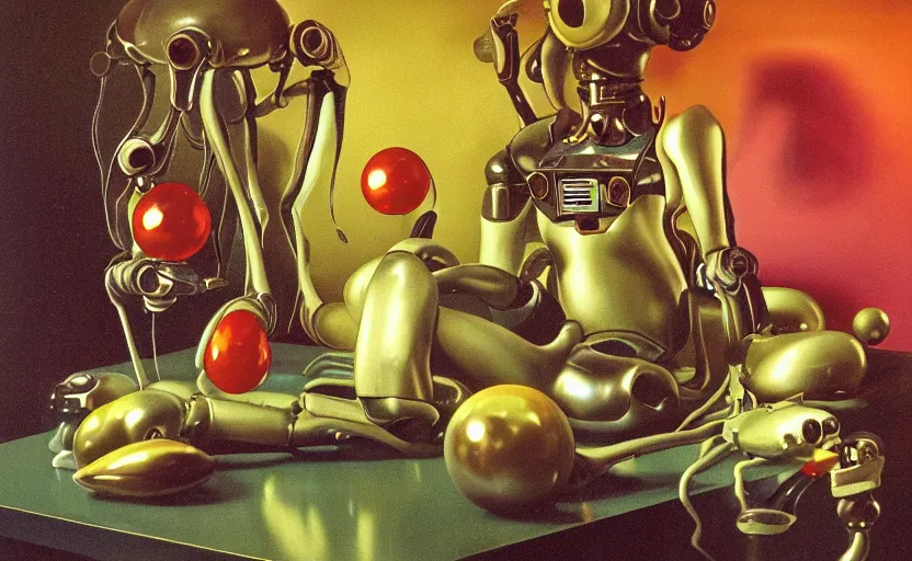Image similar to strange seductive futuristic robot body, enticing colorful oil painting dutch golden age vanitas longing sensual still life sparse composition with bulbous objects strange gooey transparent surfaces shiny metal reflections bizarre mutant meat insects rachel ruysch dali todd schorr very detailed perfect composition rule of thirds masterpiece canon 5 0 mm, cinematic lighting, photography, retro, film, kodachrome