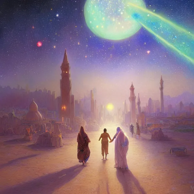 Image similar to bedouin man and woman and child in galaxy walking towards mosque surrounded by nebula, highly detailed, gold filigree, romantic storybook fantasy, soft cinematic lighting, award, disney concept art watercolor illustration by mandy jurgens and alphonse mucha and alena aenami, pastel color palette, featured on artstation