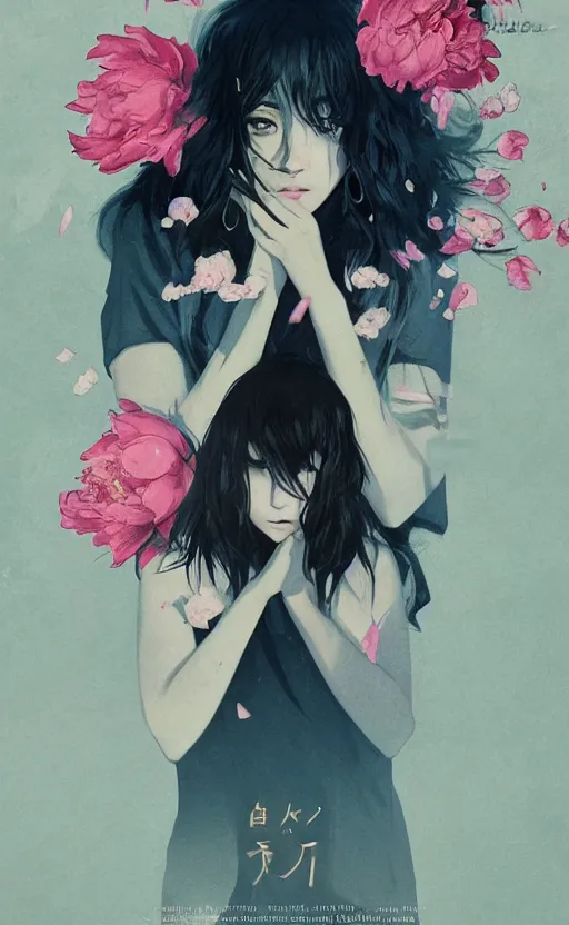 Image similar to bestselling movie poster, official media,a cinematic beautiful closeup moment of saying goodbye with peonies, simple form, brutal shapes, shaman, pixiv, 1970s fashion, official anime media, cinematic lighting, artwork by doja cat, charlie bowater, waterhouse, ,greg rutkowski, wong kar wai