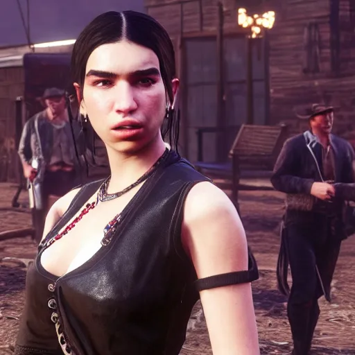 Image similar to Dua Lipa as a mafia mob in Red Dead Redemption 2 videogame, rockstar games, gameplay, 4k