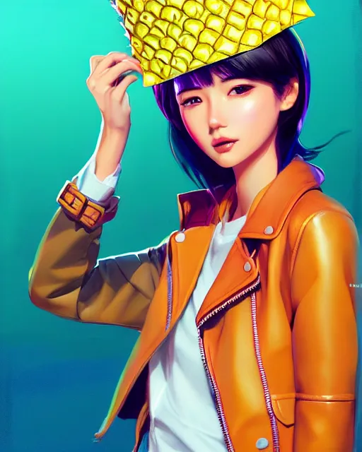 Image similar to pineapple girl wearing a candy hat and leather jacket, fine detail!! anime!! realistic shaded lighting!!, kim hyun joo, digital painting by ilya kuvshinov, magali villeneuve, artgerm, jeremy lipkin and michael garmash and rob rey