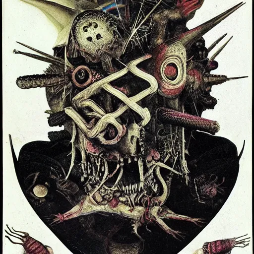 Image similar to post - punk album cover, asymmetrical design, snake, capitalism, magic, apocalypse, psychedelic, black white pastel pink, slightly holographic, magic, giger h. r., giuseppe arcimboldo, peder balke