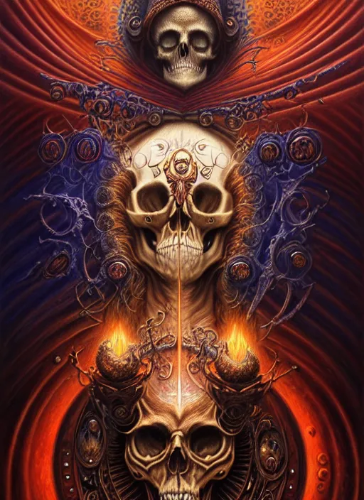 Image similar to A beautiful detailed orixa, tarot card, by tomasz alen kopera and Justin Gerard, symmetrical features, ominous, magical realism, texture, intricate, ornate, royally decorated, skull, skeleton, whirling smoke, embers, red adornements, red torn fabric, radiant colors, fantasy, trending on artstation, volumetric lighting, micro details, 3d sculpture, ray tracing, 8k, anaglyph effect