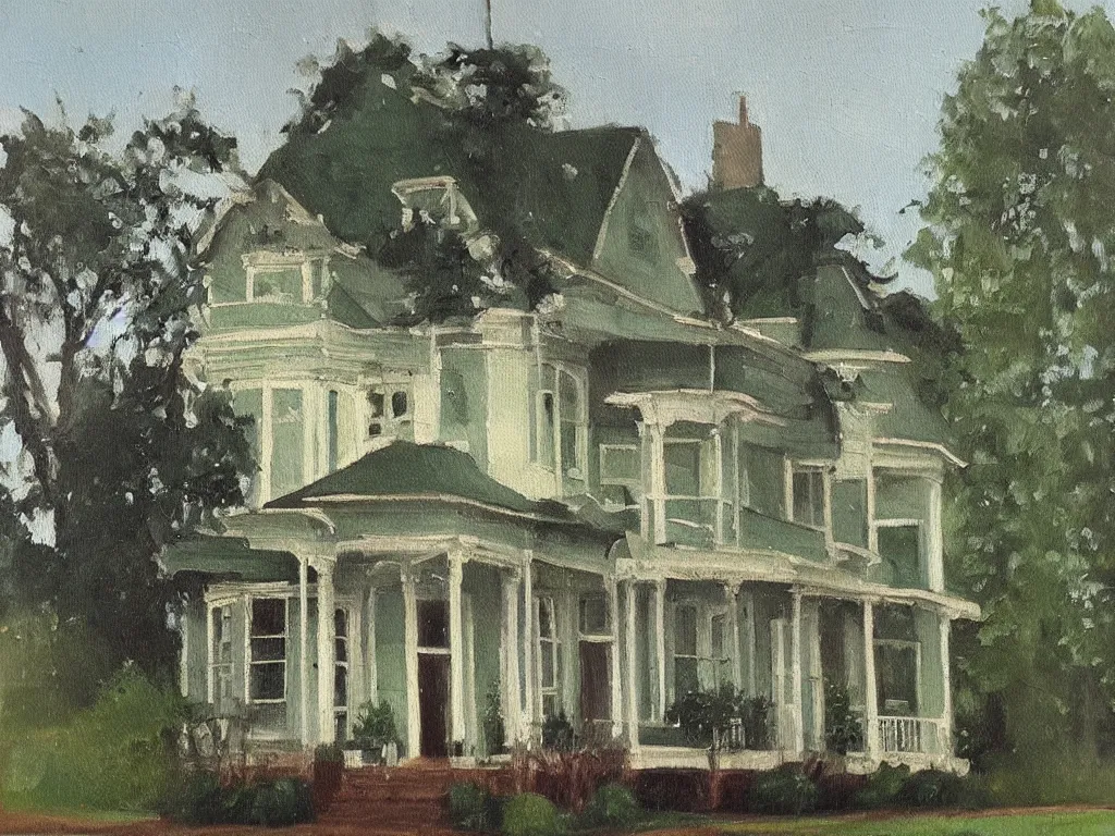 Image similar to “A oil painting of a greenVictorian house”