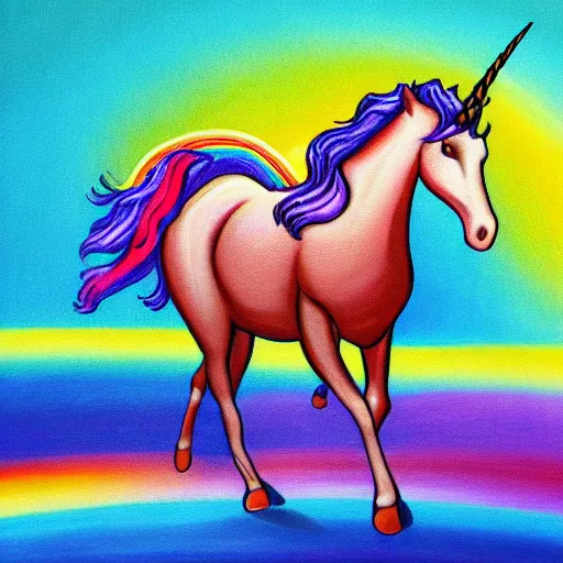 Prompt: a cinematic image of an unicorn walking on a rainbow low saturation Matt painting