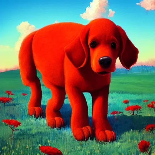 Image similar to a clifford the big red dog, surreal photography, flower field, sunset on a summer day light, impressionist painting, colorful clouds, blue sky, digital painting, artstation, simon stalenhag