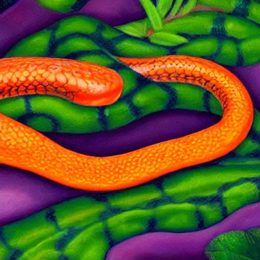Prompt: a orange and black snake in a purple field realistic painting highly detailed