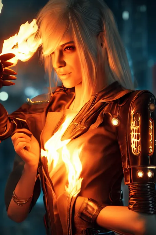 Image similar to gorgeous blonde woman with fire in her hand, cyberpunk, realistic, high definition, many details, symmetrical face, realistic eyes, art of unreal engine 5