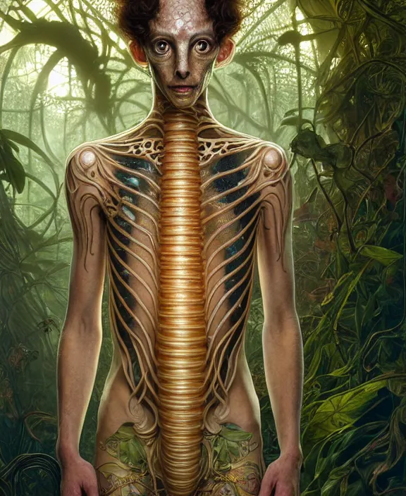 Image similar to intricate ornate opulent transparent clear see - through portrait of a terrifying beautiful skinny male alien centipede, mottled coloring, adorable, childlike, overgrown jungle environment, ultra realistic, concept art, art nouveau, photorealistic, octane render, 8 k, unreal engine. art by christopher marley and artgerm and greg rutkowski and alphonse mucha