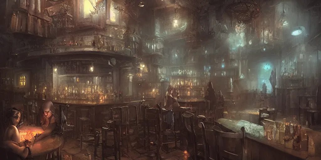 Image similar to dark drinking establishment by bastien lecouffe - deharme and charles bowater, greg rutkowski, bar, pub, adventure game, inspired by diablo concept art