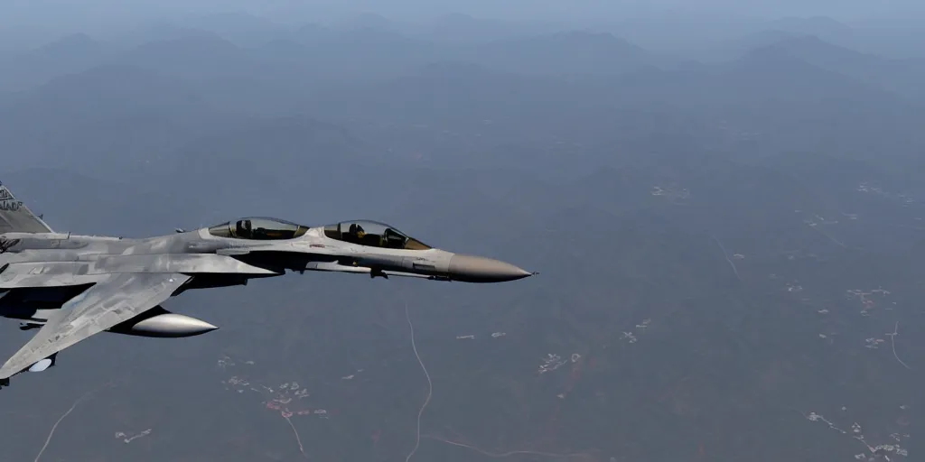 Prompt: Flying an F-16 in full afterburner over Korea, realistic, hyper-detailed, dramatic lighting, cinematic, 8k