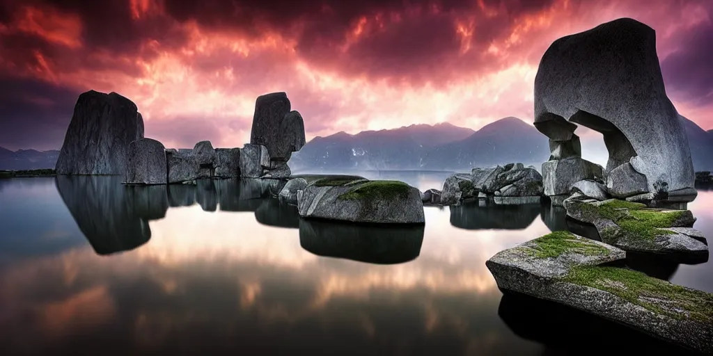 Image similar to amazing landscape photo of megalithic monolithic statue with lake at sunise by Marc Adamus beautiful dramatic lighting, surrealism