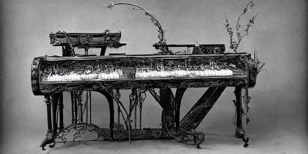 Prompt: complex steampunk piano designed by davinci, vintage photo