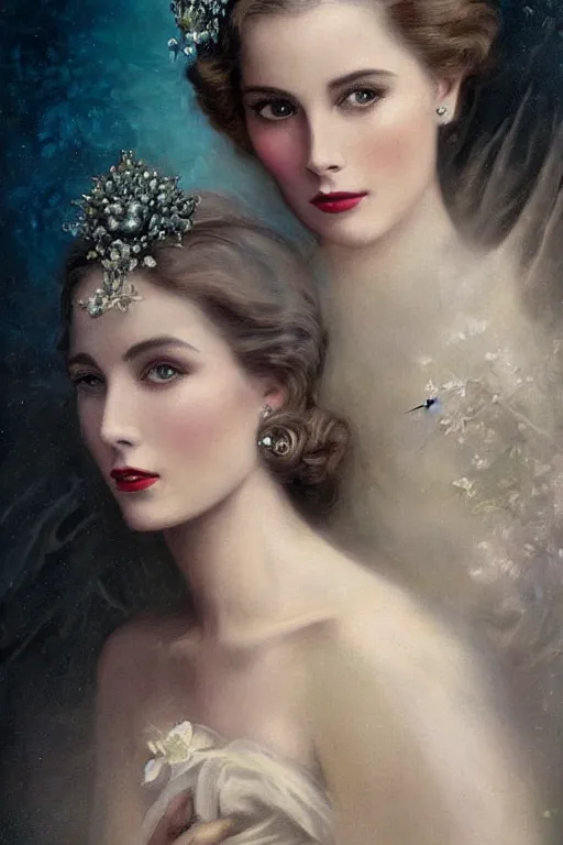 Image similar to a young and extremely beautiful grace kelly infected by night by tom bagshaw in the style of a modern gaston bussiere, art nouveau, art deco, surrealism. extremely lush detail. melancholic scene infected by night. perfect composition and lighting. profoundly surreal. high - contrast lush surrealistic photorealism. sultry and mischievous expression on her face.