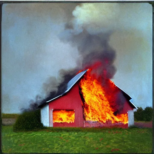 Prompt: a small barn engulfed in flames in the style of Monet