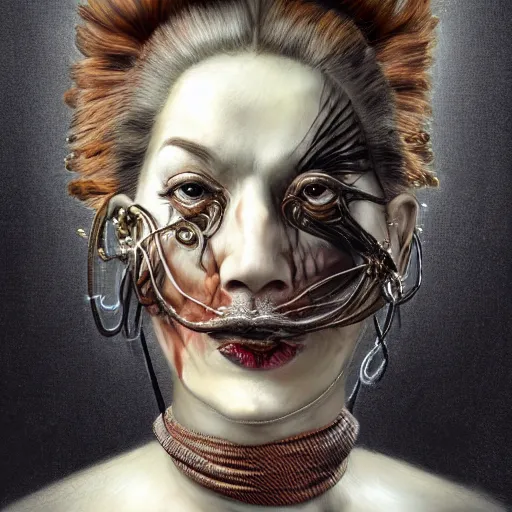 Image similar to portrait of a Shibari rope wrapped face and neck, headshot, insanely nice professional hair style, dramatic hair color, digital painting, of a old 17th century, old cyborg merchant, mouth wired shut, amber jewels, baroque, ornate clothing, scifi, realistic, hyperdetailed, chiaroscuro, concept art, art by Franz Hals and Jon Foster and Ayami Kojima and Amano and Karol Bak,