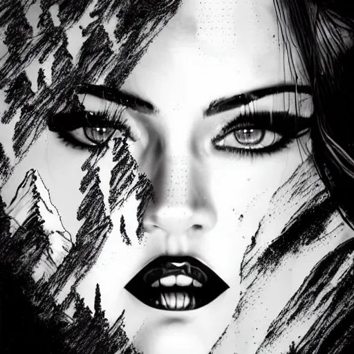 Image similar to double - exposure effect of megan fox face blended with beautiful mountains, in the style of dan mountford, amazing detail, black and white, tattoo sketch