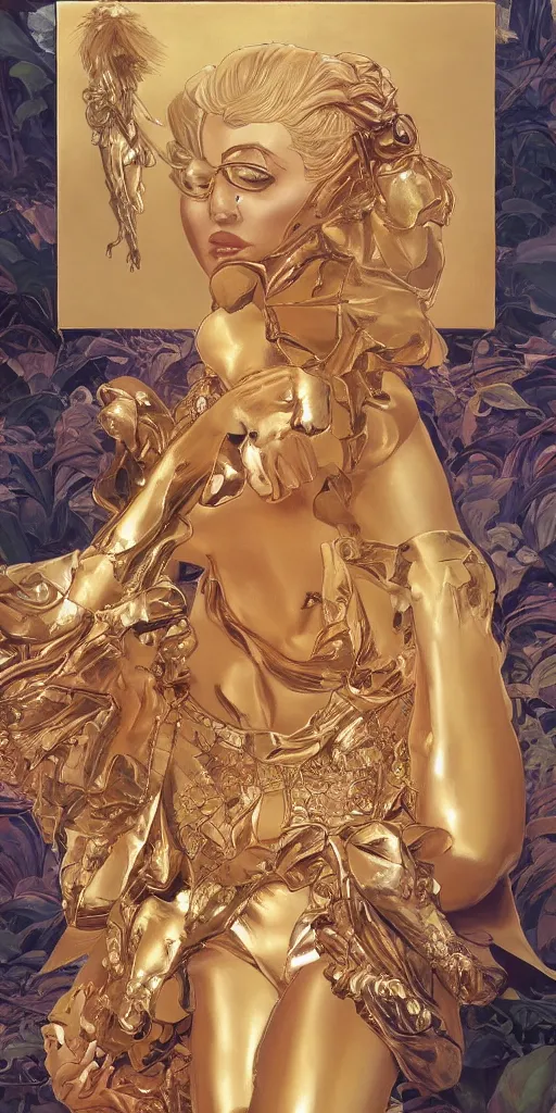 Image similar to Kylie Jenner as a golden statue, highly detailed, digital painting, artstation, concept art, smooth, sharp focus, illustration, ArtStation, art by artgerm and greg rutkowski and alphonse mucha and J. C. Leyendecker and Edmund Blair Leighton and Katsuhiro Otomo and Geof Darrow and Phil hale and Ashley wood and Ilya repin and Charlie Bowater