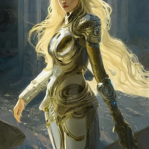 Image similar to portrait knights of Zodiac girl, silver and ice color reflected armor, in ruined Agora of Athens, ssci-fi, fantasy, intricate, very very beautiful, elegant, golden light, highly detailed, digital painting, artstation, concept art, smooth, sharp focus, illustration, art by tian zi and WLOP and alphonse mucha