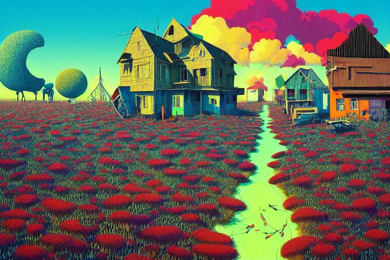 Image similar to surreal glimpse into other universe, texas, summer morning, very coherent and colorful high contrast, art by!!!! gediminas pranckevicius!!!!, geof darrow, floralpunk screen printing woodblock, dark shadows, hard lighting, stipple brush technique,