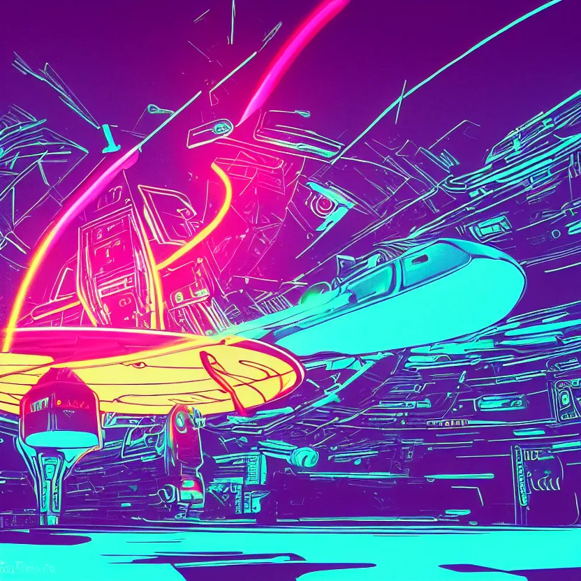 Image similar to a ufo with neon lines, epic retrowave art, trending on art station