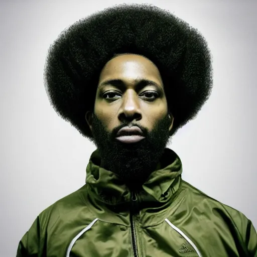 Prompt: black man with afro hair and raspy beard stubble, wearing an army green adidas jacket by dave mckean