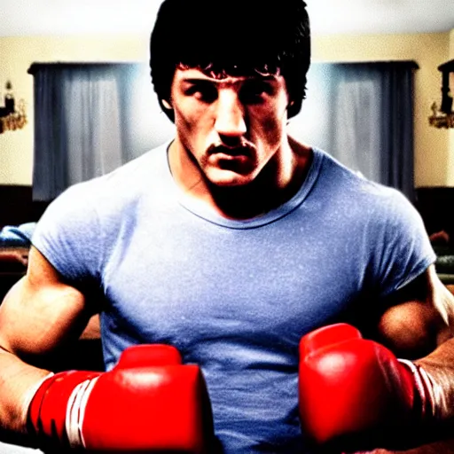 Image similar to rocky balboa holding a playstation!! controller!! video game console