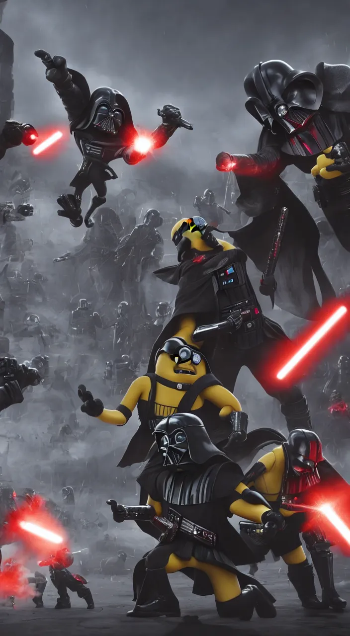 Prompt: minions fight darth vader, super realistic, super detailed, high octane, photorealistic, rendering 8 k, 8 k octane, unreal engine,