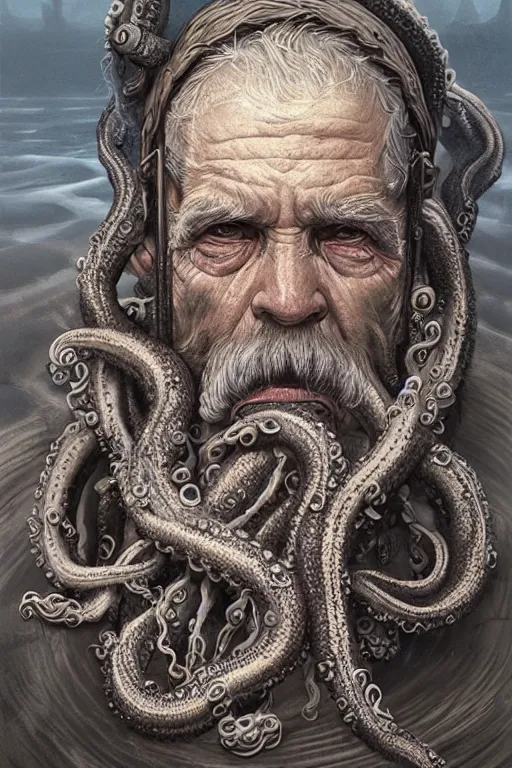 Image similar to portrait of an old fisherman with tentacles growing on him, eldritch, d & d, face, fantasy, intricate, elegant, highly detailed, digital painting, artstation, concept art, smooth, sharp focus, illustration, art by greg rutkowski