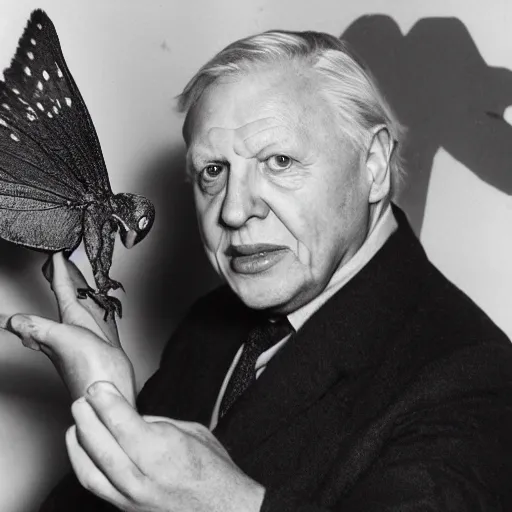 Image similar to Sir David Attenborough holding Mothman