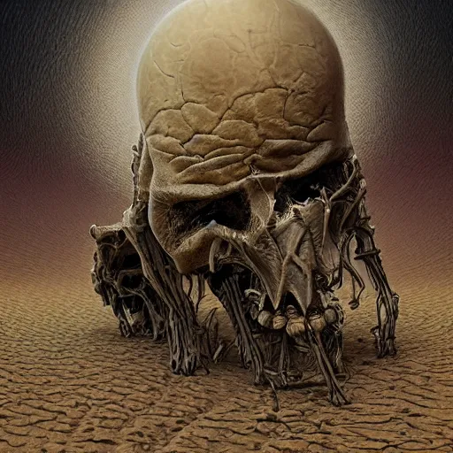Prompt: buried in the shifting sands of some nameless world for eons. his empty eye sockets filled with dust and the moisture sucked from his shriveled paper skin. now, something else was inside him, making his stick - thin limbs move again. art by trevor henderson, horror art, featured art, high quality, spooky, detailed