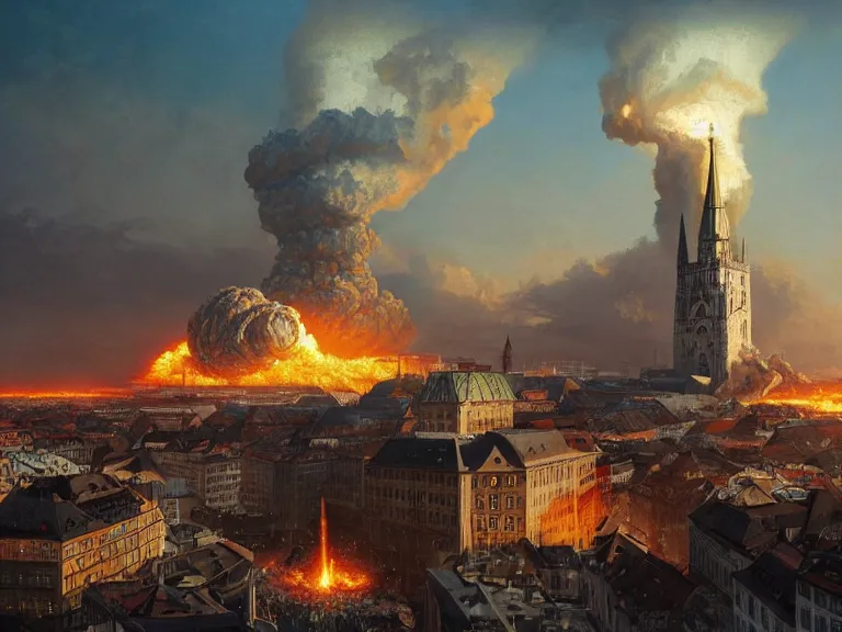 Image similar to , city of munich!!!, nuclear explosion!!!, rubble, hyperrealistic, highly detailed, cinematic, single ray of golden sunlight, beautiful, cgssociety, artstation, 8 k, oil painting by greg rutkowski, by artgerm, by wlop