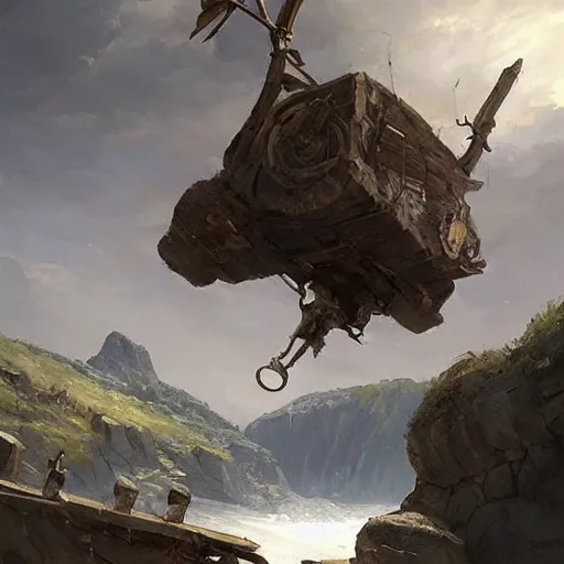 Image similar to a sling catapult, rocks flying, cart wheels, epic fantasy style art by greg rutkowski, fantasy epic digital art