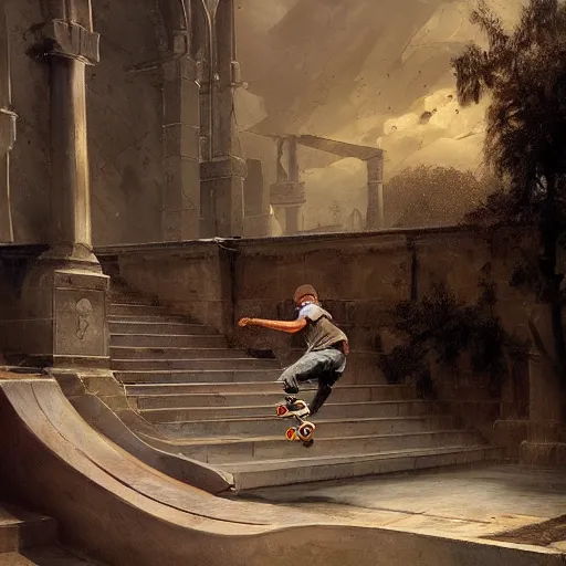 Prompt: skateboarder tricks painting dynamic very very detailed by hubert robert balanced cinematic