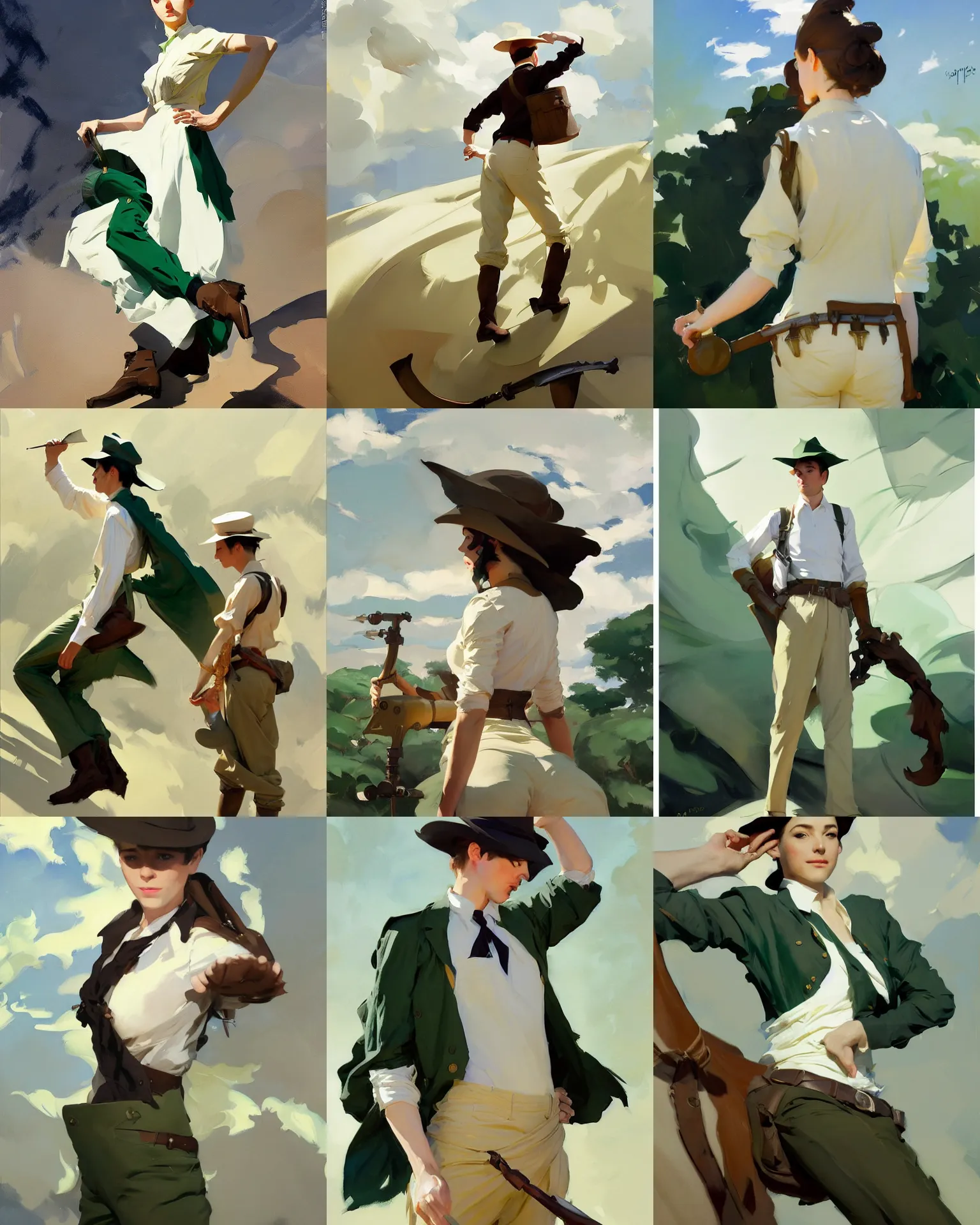 Prompt: white brown deep green cloth fabric jodhpurs greg manchess painting by sargent and leyendecker, studio ghibli, fantasy, medium shot, asymmetrical, intricate, elegant, matte painting, illustration, hearthstone, by rhads by greg rutkowski, by greg tocchini, by james gilleard, by joe fenton