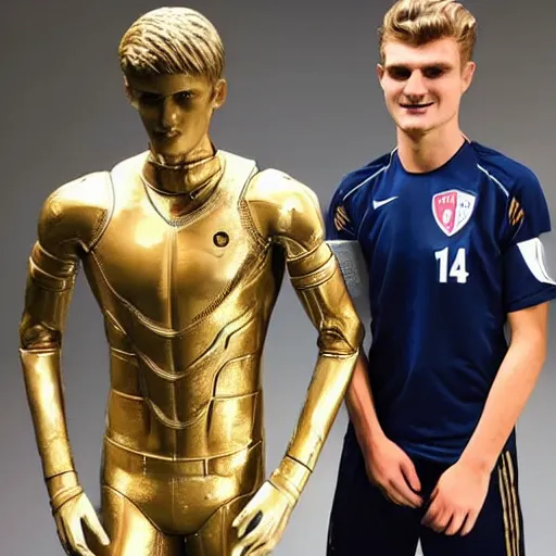 Image similar to a realistic detailed photo of a guy who is an attractive humanoid who is half robot and half humanoid, who is a male android, soccer players martin ødegaard & timo werner, shiny skin, posing like a statue, blank stare, in a museum, on display, showing off his muscles, gold soccer shorts, no jersey, statue, many copies of them