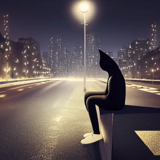 Prompt: anthropomorphic great white shark wearing a black hoodie and pants at night sitting alone underneath a single street light with a city of lights in the background, photorealistic, 8 k