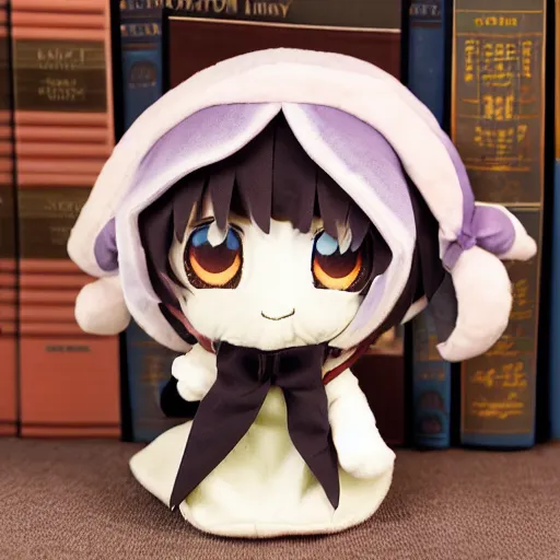 Prompt: cute fumo plush of the librarian girl of the underground forbidden library where a hundred necronomicons and more are stored, lens flare, vray