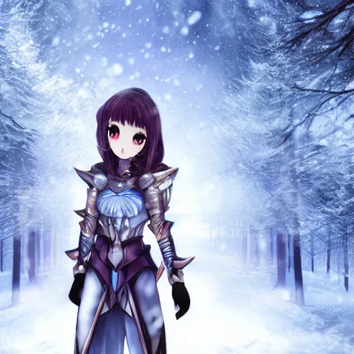 Prompt: portrait focus of knight beautiful 3D anime girl, ice armor wearing, dark forest background, snowing, bokeh, inspired by Masami Kurumada, digital painting, high contrast, unreal engine render, volumetric lighting, high détail