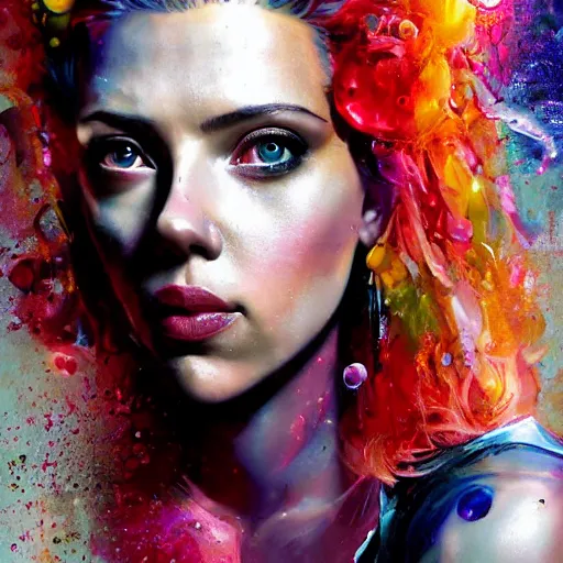 Image similar to scarlett johansson as delirium from sandman, ( hallucinating colorful soap bubbles ), by jeremy mann, by sandra chevrier, by dave mckean and richard avedon and maciej kuciara, punk rock, tank girl, high detailed, 8 k