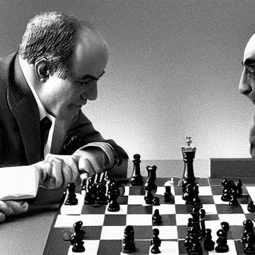 Prompt: a mallard duck playing chess against gary kasparov and winning!