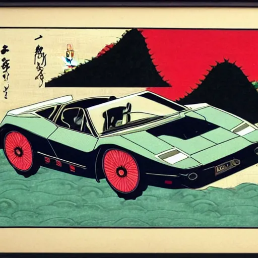 Image similar to ukiyo - e painting of a lamborghini