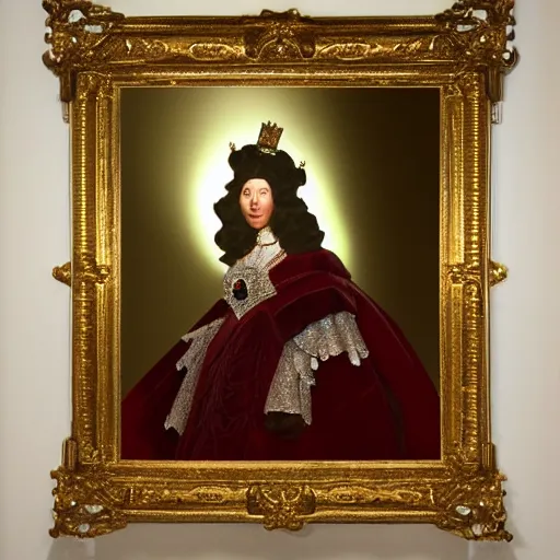 Prompt: single portrait of the queen in the main room of the castle, one point of light coming through the top. baroque style inspired by diego velasquez, lights refraction
