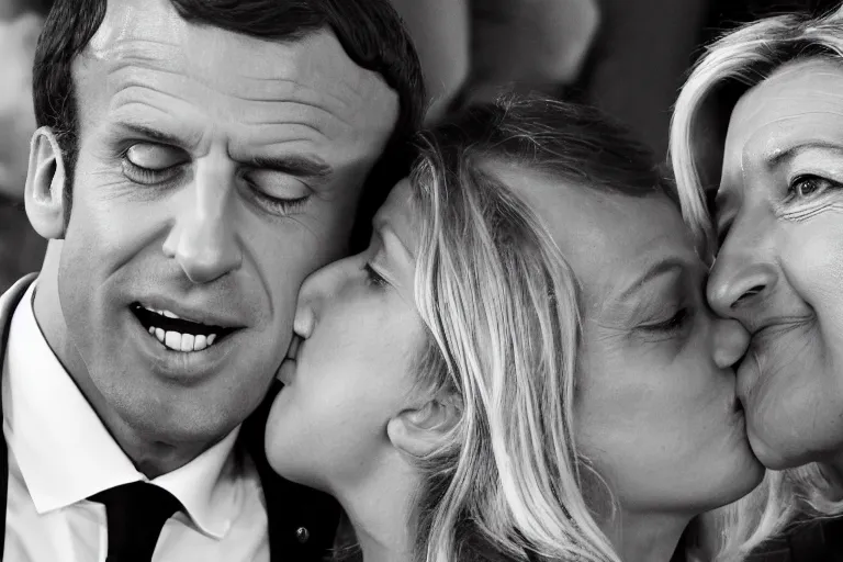 Image similar to Emmanuel Macron kissing Marine Lepen on the mouth , photojournalism photography, white background