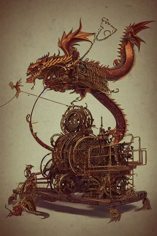 Image similar to illustration, old sick gold and crimsoned scaled asian style dragon on a steam punk plank of machinery with wires and gears and steam punk apparatus, matte painting, style of studio ghibli, concept art, featured in artstation and artgerm and pixiv, award winning, cinematic, 8 k