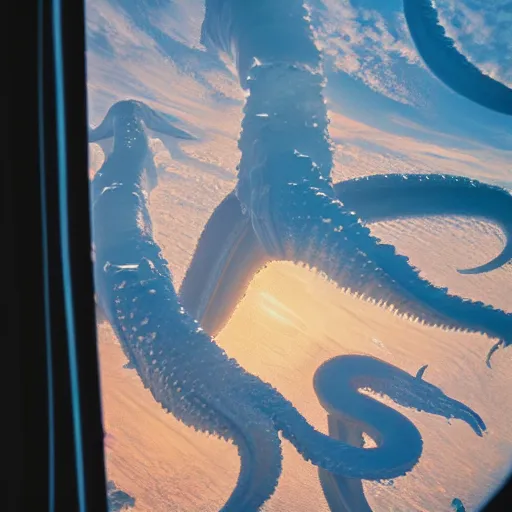 Image similar to stunning photo of a kraken seen outside the window of the ISS, beautiful ambient light, golden hour, 85mm f1.8