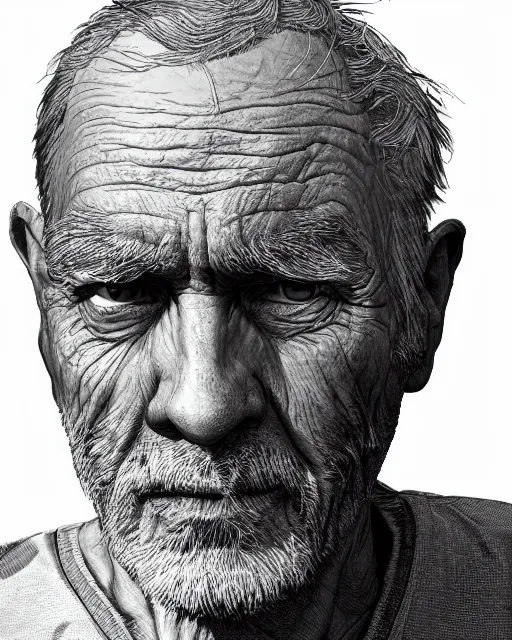 Image similar to closeup portrait of a dirty tired old man man standing on a bridge, detailed illustration, digital art, trending on artstation, martin ansin, b & w,