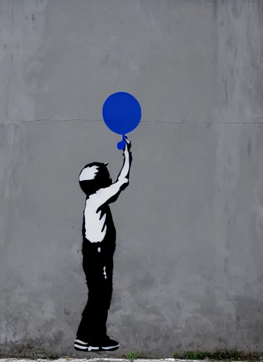 Prompt: a side profile of a black and white graffiti of boy holding a single dark blue balloon on a concrete background in the style of Banksy, graffiti, digital art