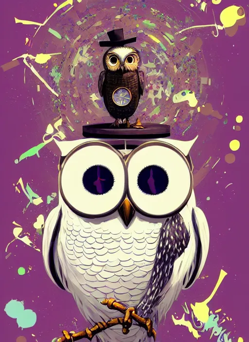 Image similar to anthropomorphic wise wealthy white - owl travels through time via steampunk portals, pixiv fanbox, dramatic lighting, maximalist pastel color palette, splatter paint, pixar and disney exploded - view drawing, graphic novel by fiona staples and dustin nguyen, peter elson, alan bean, wangechi mutu, clean cel shaded vector art, trending on artstation