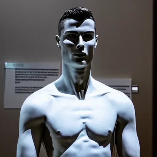 Image similar to “a realistic detailed photo of a guy who is an attractive humanoid who is half robot and half humanoid, who is a male android, Cristiano Ronaldo, shiny skin, posing like a statue, blank stare, at the museum, on display”